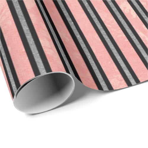 Coral Silver Peach Gray Metal Stripes Lines Black Wrapping Paper