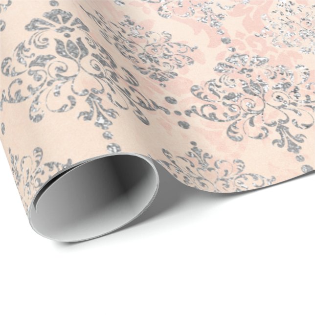 Coral Silver Peach Gray Metallic Blush Damask Pink Wrapping Paper (Roll Corner)