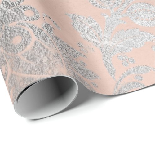 Coral Silver Peach Gray Metallic Pink Floral Blush Wrapping Paper