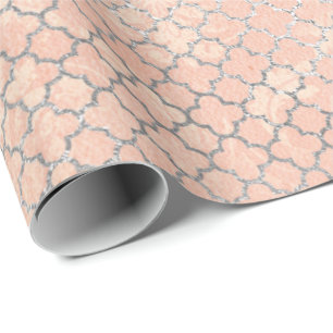 Coral Silver Peach Gray Pastel Metallic Quatrefoil Wrapping Paper