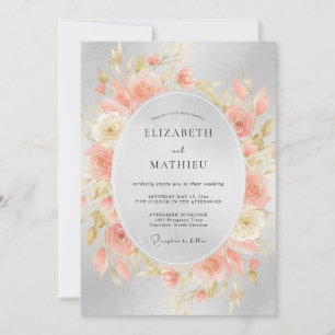 Coral Silver Peony Wedding Invitation