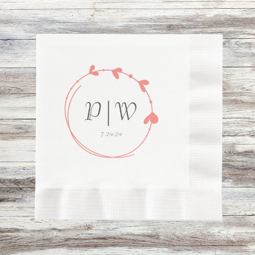 Coral Simple Heart Wreath Initials Wedding Napkins