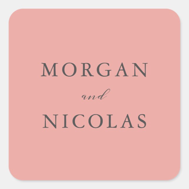 Coral Simple Modern Bride and Groom's Names Square Sticker (Front)