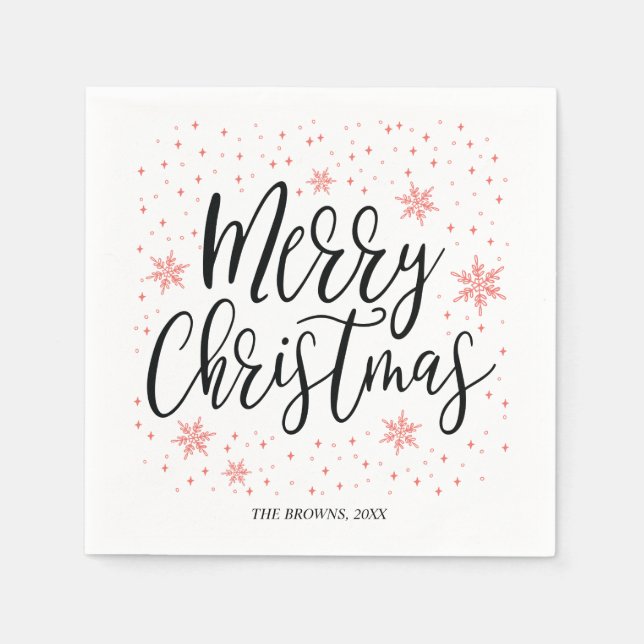 Coral Sparkle Merry Christmas Lettering Party Napkins (Front)
