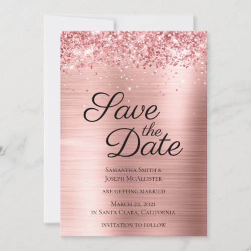 Coral Sparkly Glitter Pale Rose Gold Ombre Foil Save The Date