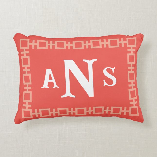 Coral Square Greek Key Monogram Accent Pillow (Front)