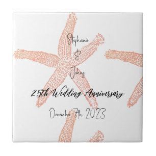 Coral Starfish 25th Wedding Anniversary Monograms Ceramic Tile