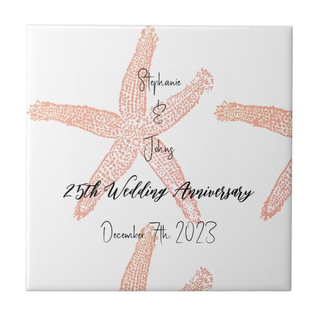 Coral Starfish 25th Wedding Anniversary Monograms Ceramic Tile (Front)