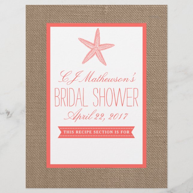 Coral Starfish Beach Bridal Shower Recipe Divider (Front)