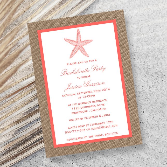 Coral Starfish Beach Burlap Bachelorette Party Invitation (Creator Uploaded)