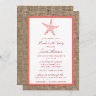 Coral Starfish Beach Burlap Bachelorette Party Invitation