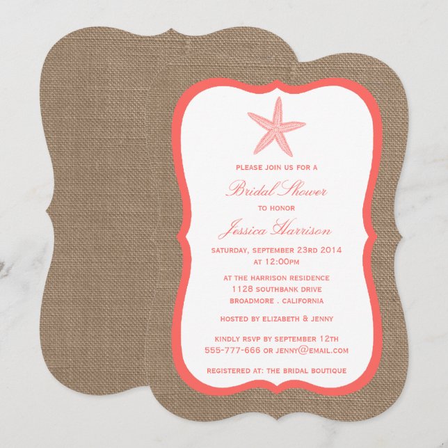 Coral Starfish Beach Burlap Bridal Shower Invitation (Front/Back)