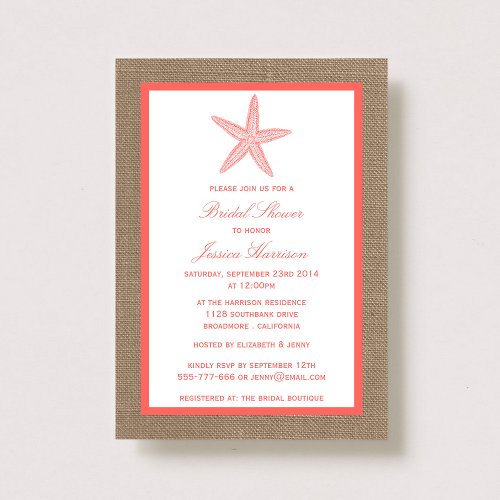 Coral Starfish Beach Burlap Bridal Shower Cards