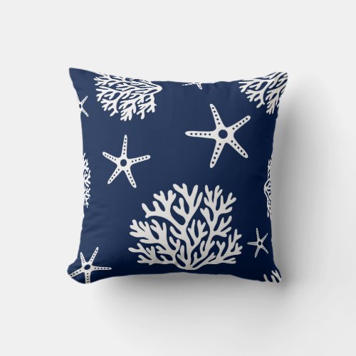 Coral Starfish Blue and White Coastal Maritime Throw Pillow