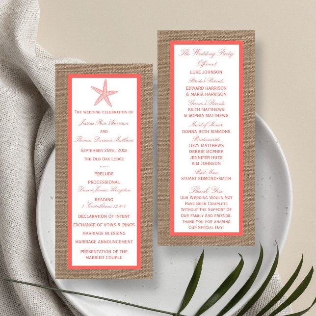 Coral Starfish Burlap Beach Wedding Program (Creator Uploaded)
