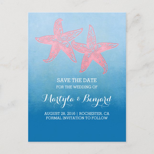 Coral starfish couple blue ombre save the date announcement postcard (Front)