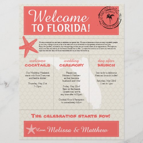 Coral Starfish Florida Wedding Welcome Letter