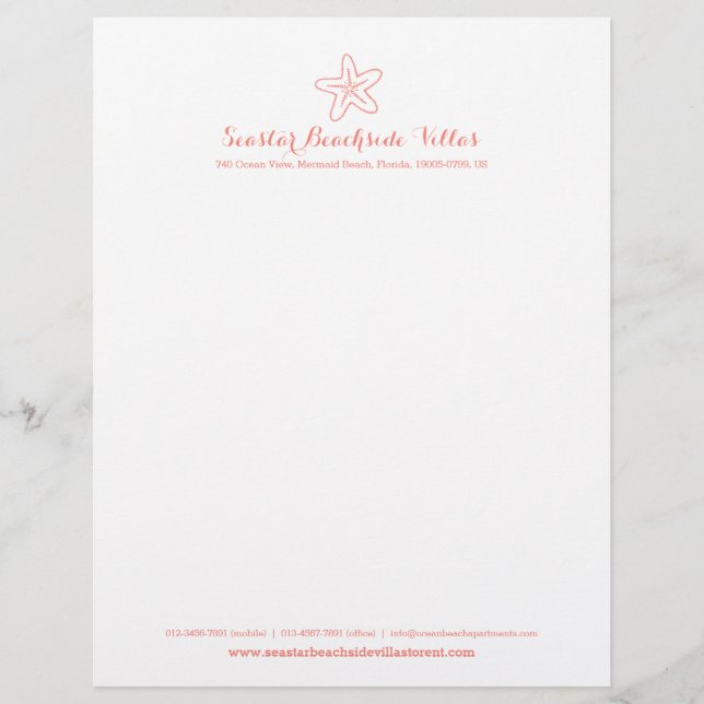 Coral starfish holiday property business letter letterhead (Front)
