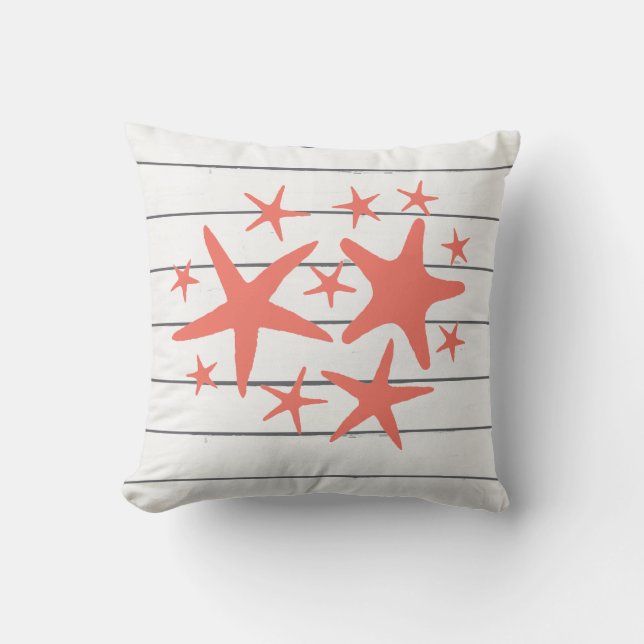Coral Starfish Shiplap Coastal Beach Pillow (Front)