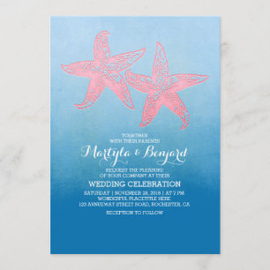 coral starfish & watercolor ombre blue wedding invitation