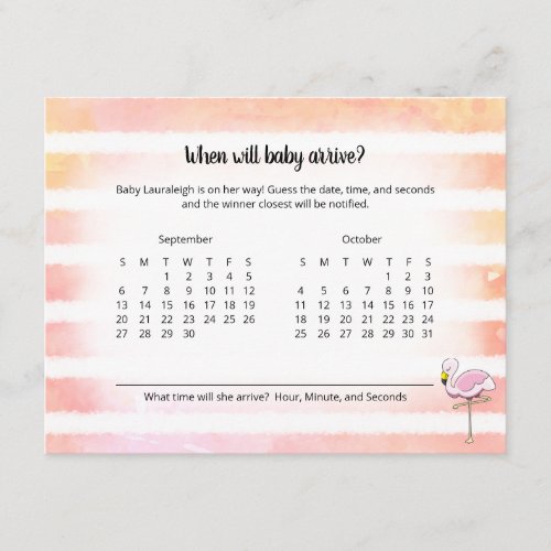 Coral Stripe Flamingo Baby Arrival Prediction Game Enclosure Card