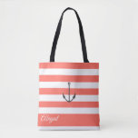 Coral Stripe Nautical Anchor Personalized Tote Bag<br><div class="desc">Nautical anchor on living coral and white stripe background,  personalized bridal party tote bag. Personalize text,  font style,  color and size. Stripes shown in living coral can be customized to your choice of color.</div>