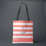 Coral Stripe Nautical Anchor Personalized Tote Bag<br><div class="desc">Nautical anchor on living coral and white stripe background,  personalized bridal party tote bag. Personalize text,  font style,  color and size. Stripes shown in living coral can be customized to your choice of color.</div>
