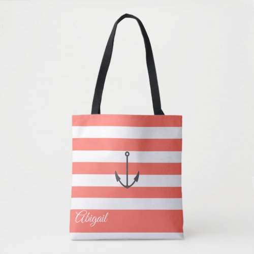 Coral Stripe Nautical Anchor Personalized Tote Bag