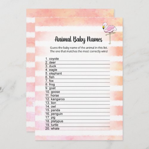 Coral Striped Flamingo Animal Baby Names Card