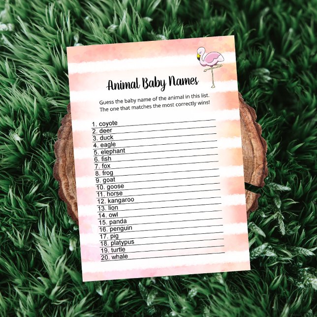 Coral Striped Flamingo Animal Baby Names Card (Creator Uploaded)