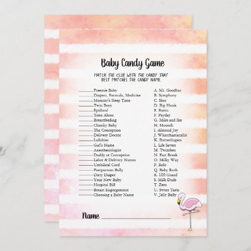 Coral Striped Flamingo Baby Candy Shower Game Invitation