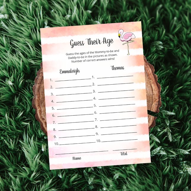 Coral Striped Flamingo Guess Their Age Shower Game Invitation (Creator Uploaded)