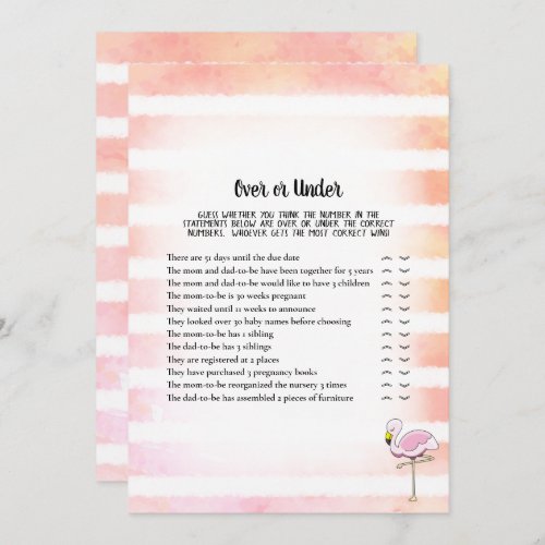 Coral Striped Flamingo Over Under Baby Shower Game Invitation