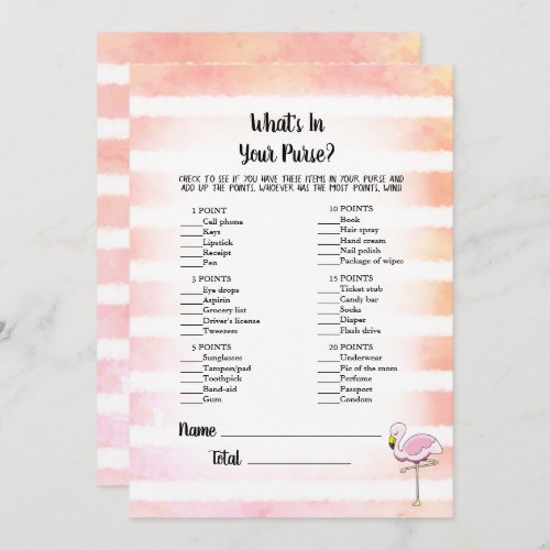 Coral Striped Flamingo Whats In Your Purse Game Invitation