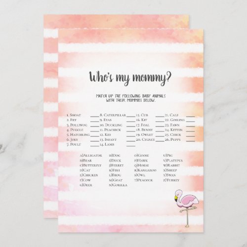 Coral Striped Flamingo Whos My Mommy Shower Game Invitation