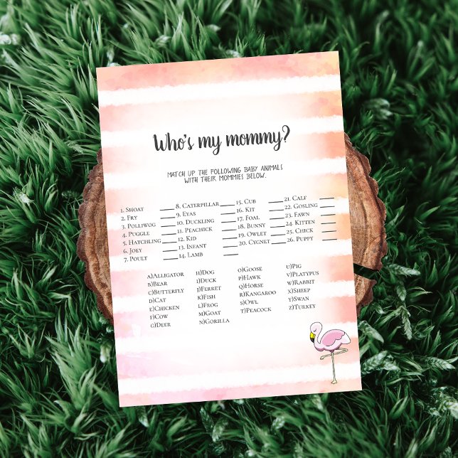 Coral Striped Flamingo Who's My Mommy Shower Game Invitation (Creator Uploaded)