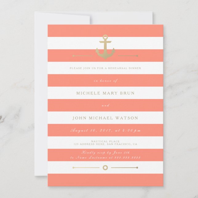 Coral Striped Nautical Rehearsal Dinner Invite (Front)