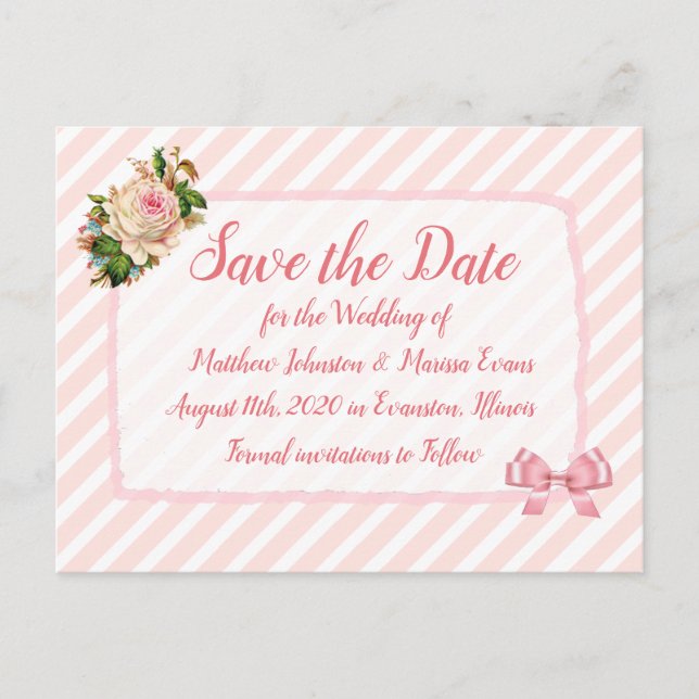 Coral Striped Personalized Save the Date Postcard (Front)