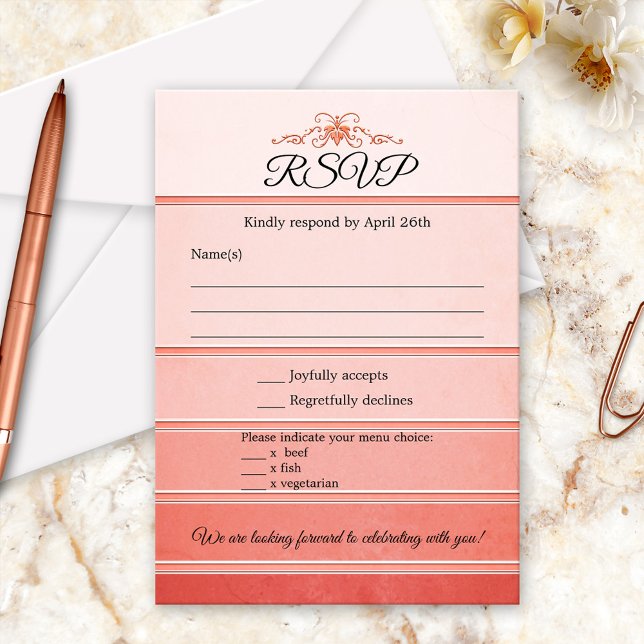 Coral Striped Ton sur Ton Wedding RSVP Card (RSVP card featuring an elegant painted coral pink striped tone on tone design)