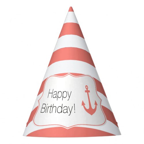 Coral Stripes and Nautical Anchor Birthday Party Party Hat