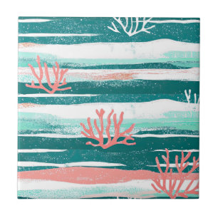 Coral Stripes Coastal Watercolor Pattern (2) Ceramic Tile