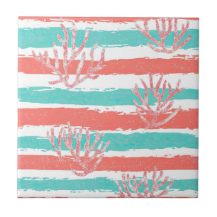 Coral Stripes Coastal Watercolor Pattern Ceramic Tile