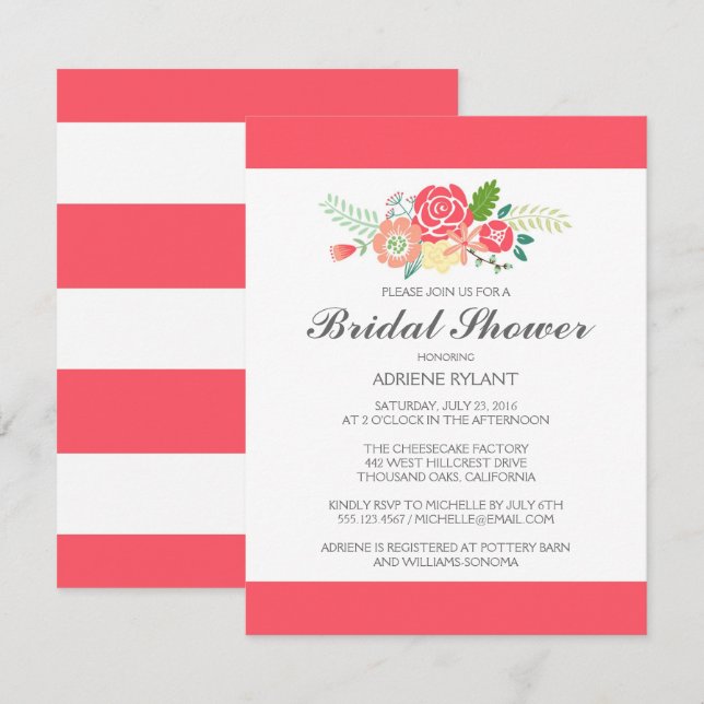 Coral Stripes Floral Bridal Shower Invitation (Front/Back)