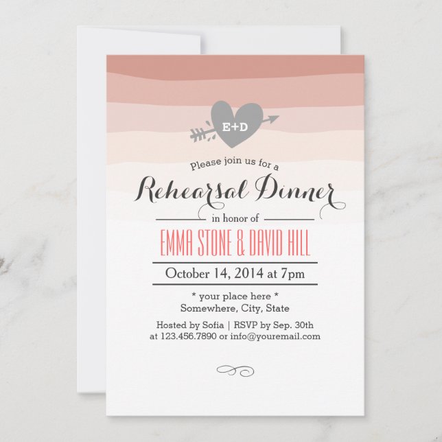 Coral Stripes Heart & Arrow Rehearsal Dinner Invitation (Front)