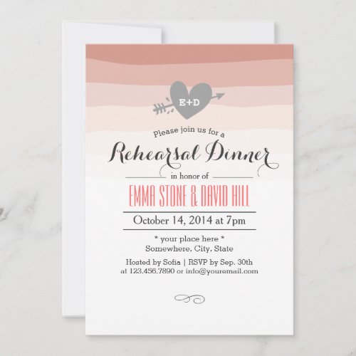 Coral Stripes Heart  Arrow Rehearsal Dinner Invitation