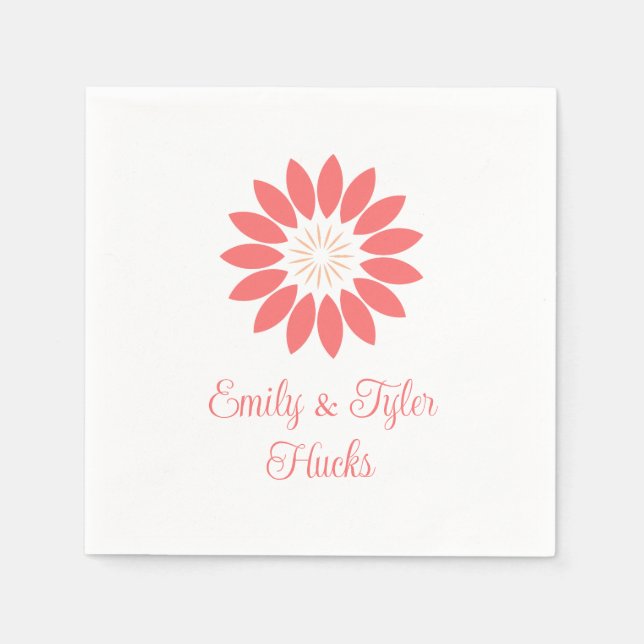 Coral Stylized Sunflower with Custom Text Wedding Napkins (Front)