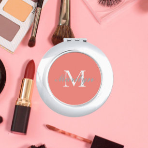 Coral Stylized Wedding Bridesmaid Monogram Compact Mirror
