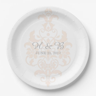 Coral Subtle Damask Wedding Paper Plates