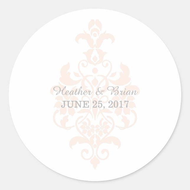 Coral Subtle Damask Wedding Stickers (Front)