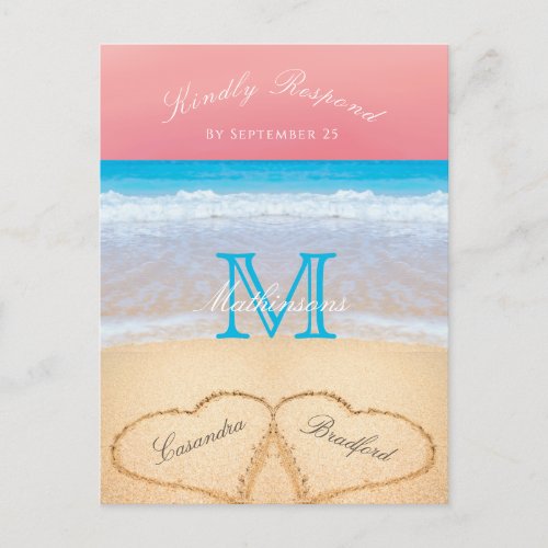 Coral Sunset Autumn Beach Wedding RSVP Postcard